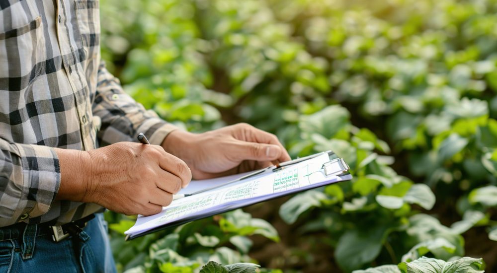 Inspectors examining crops in organic farm field, verifying certification standards.