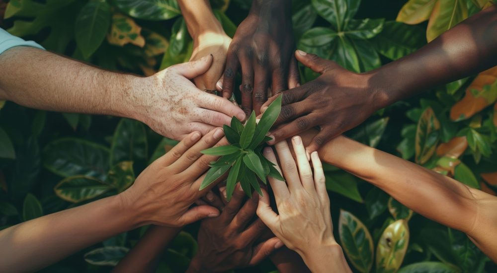 A top view of diverse, multiracial hands gathered around a plant highlights community teamwork and commitment to environmental sustainability and diversity.